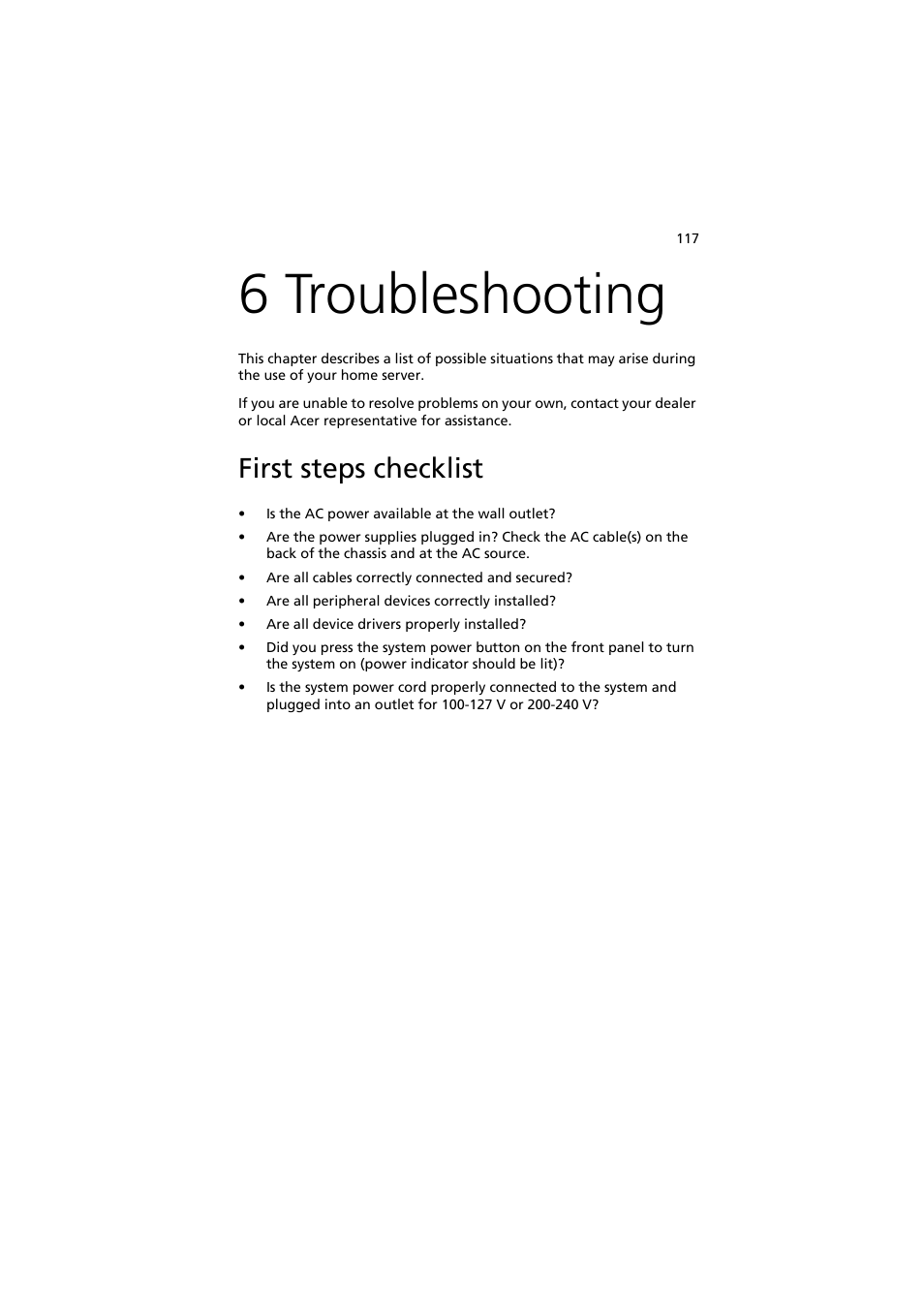 6 troubleshooting, First steps checklist | Acer easyStore H342 User Manual | Page 131 / 148