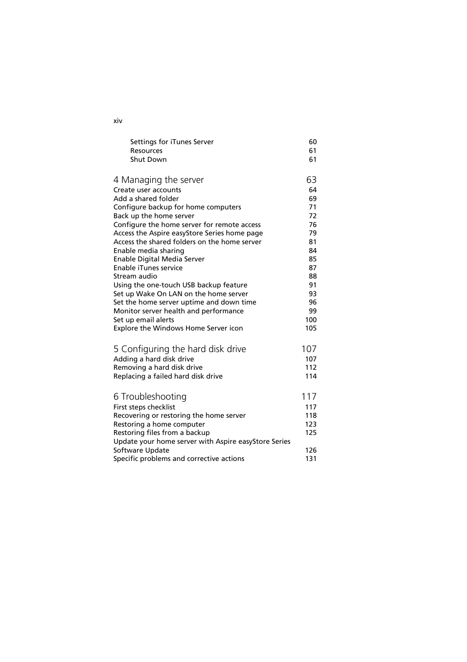 4 managing the server 63, 5 configuring the hard disk drive 107, 6 troubleshooting 117 | Acer easyStore H342 User Manual | Page 14 / 148