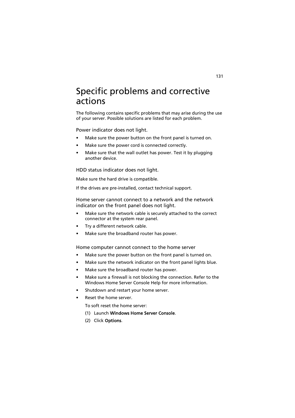 Specific problems and corrective actions | Acer easyStore H342 User Manual | Page 145 / 148