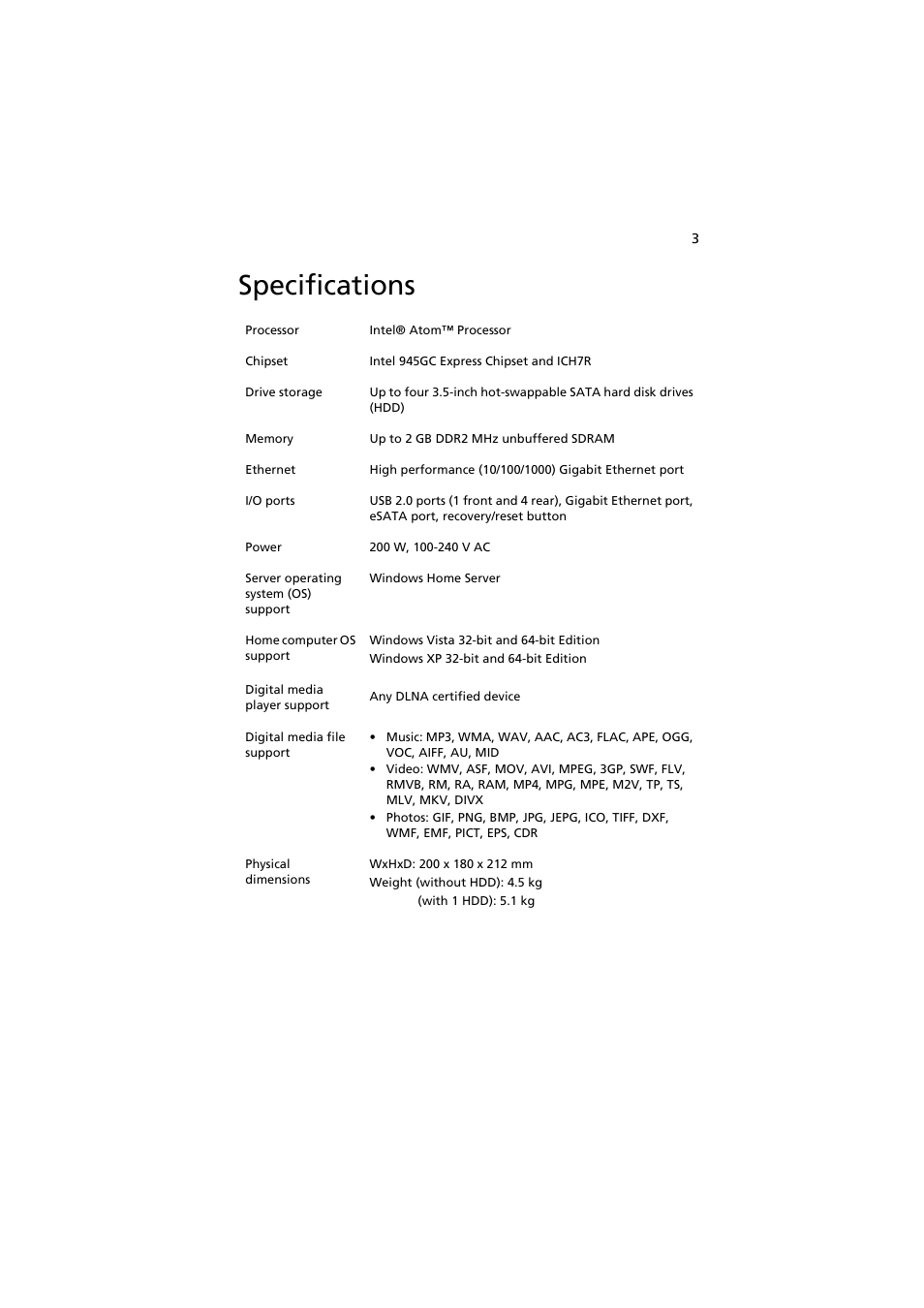 Specifications | Acer easyStore H342 User Manual | Page 17 / 148