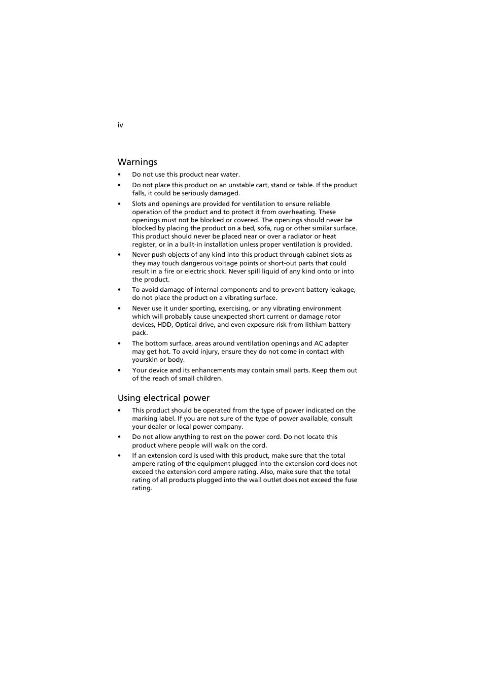 Warnings, Using electrical power | Acer easyStore H342 User Manual | Page 4 / 148