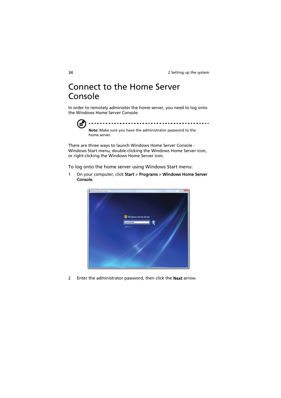 Connect to the home server console | Acer easyStore H342 User Manual | Page 48 / 148