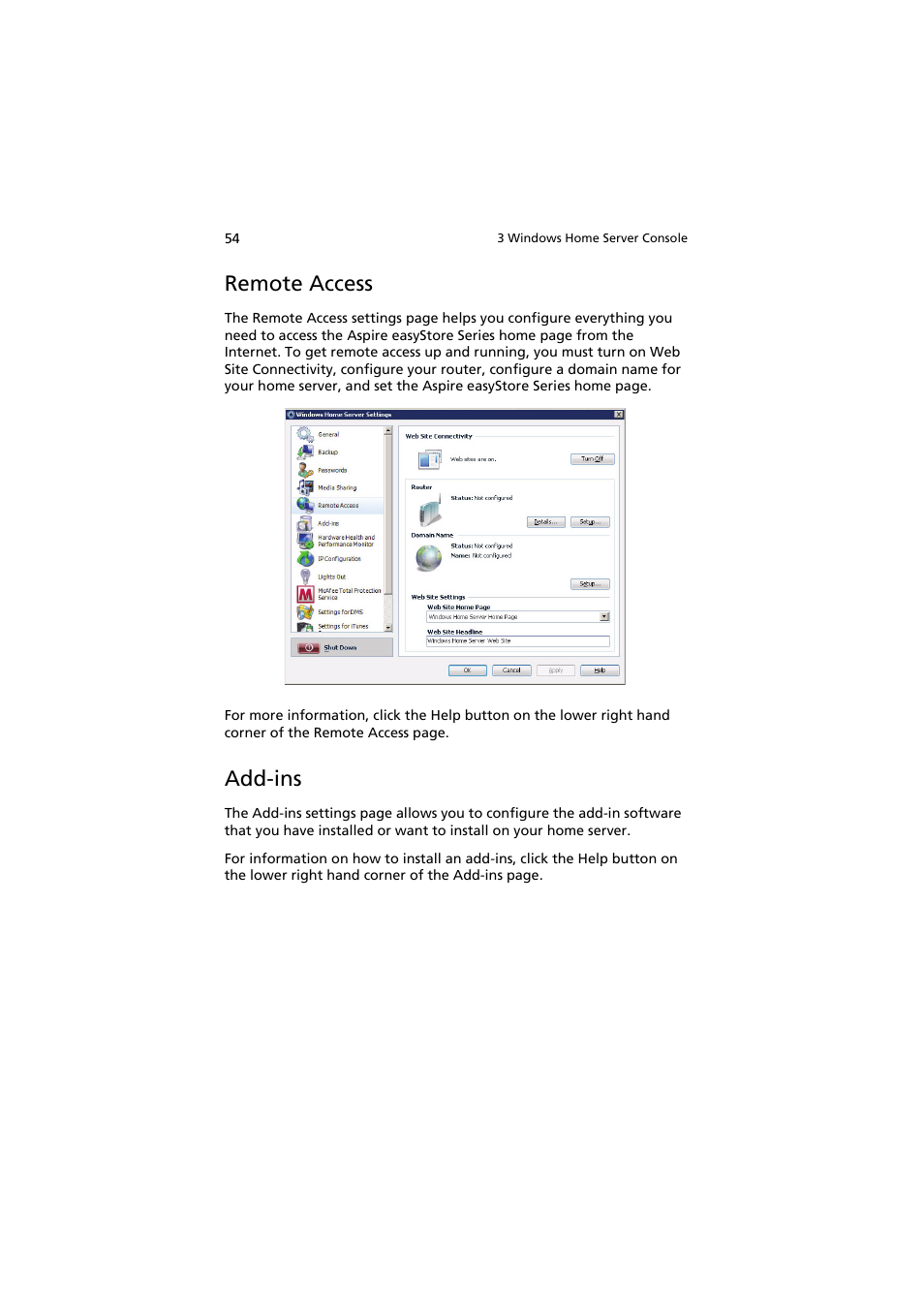 Remote access, Add-ins | Acer easyStore H342 User Manual | Page 68 / 148