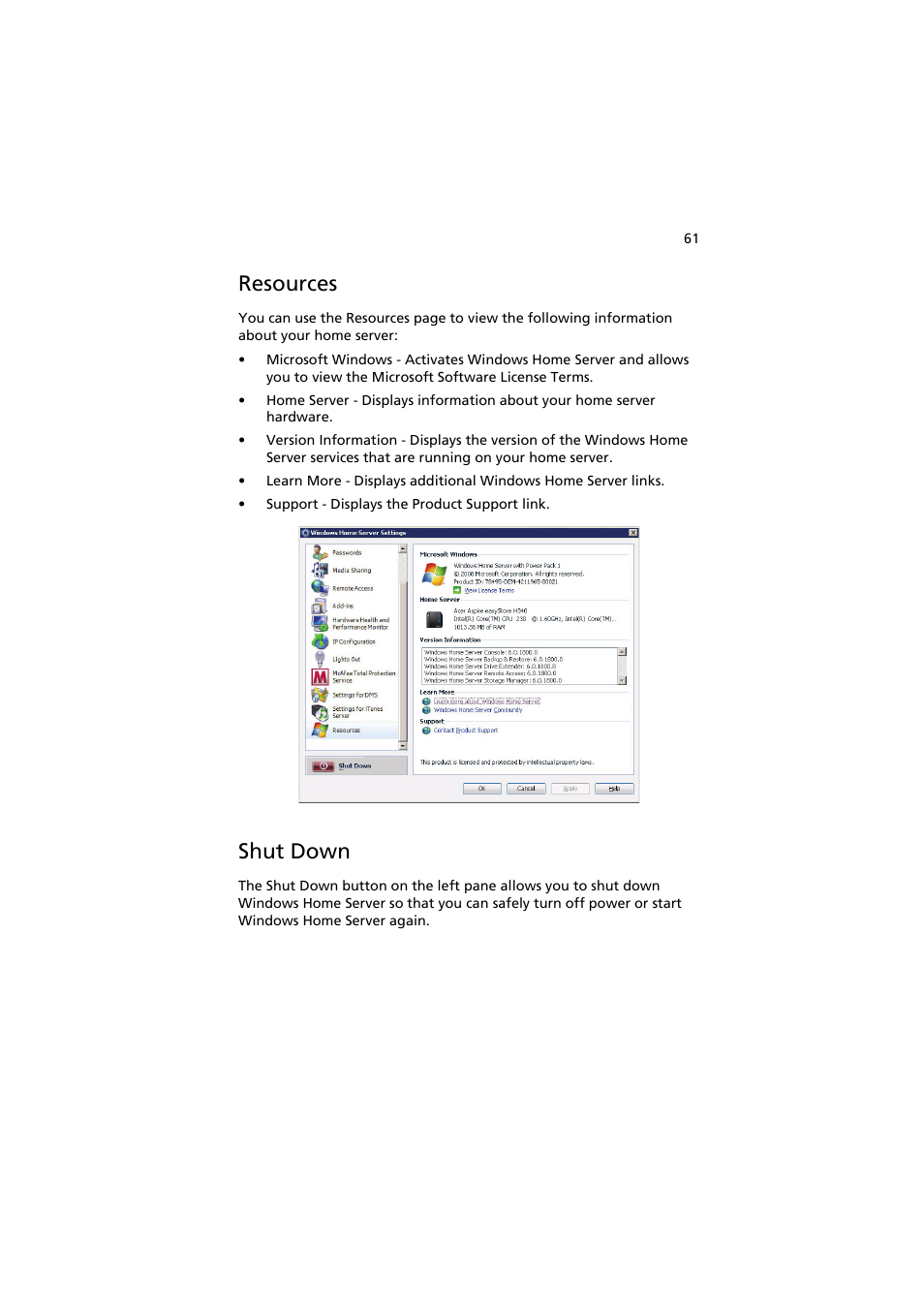 Resources, Shut down | Acer easyStore H342 User Manual | Page 75 / 148