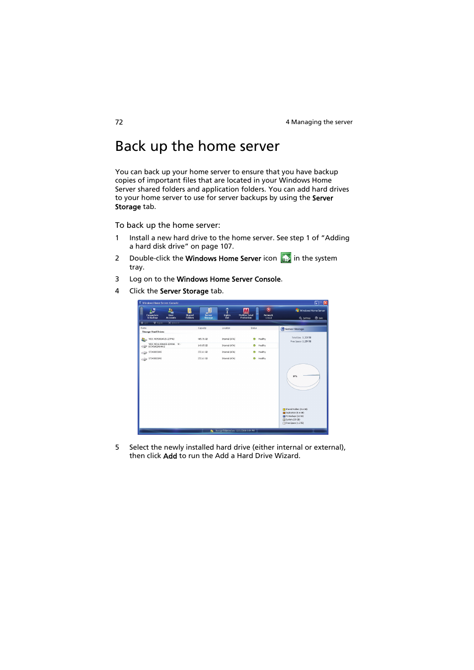 Back up the home server | Acer easyStore H342 User Manual | Page 86 / 148