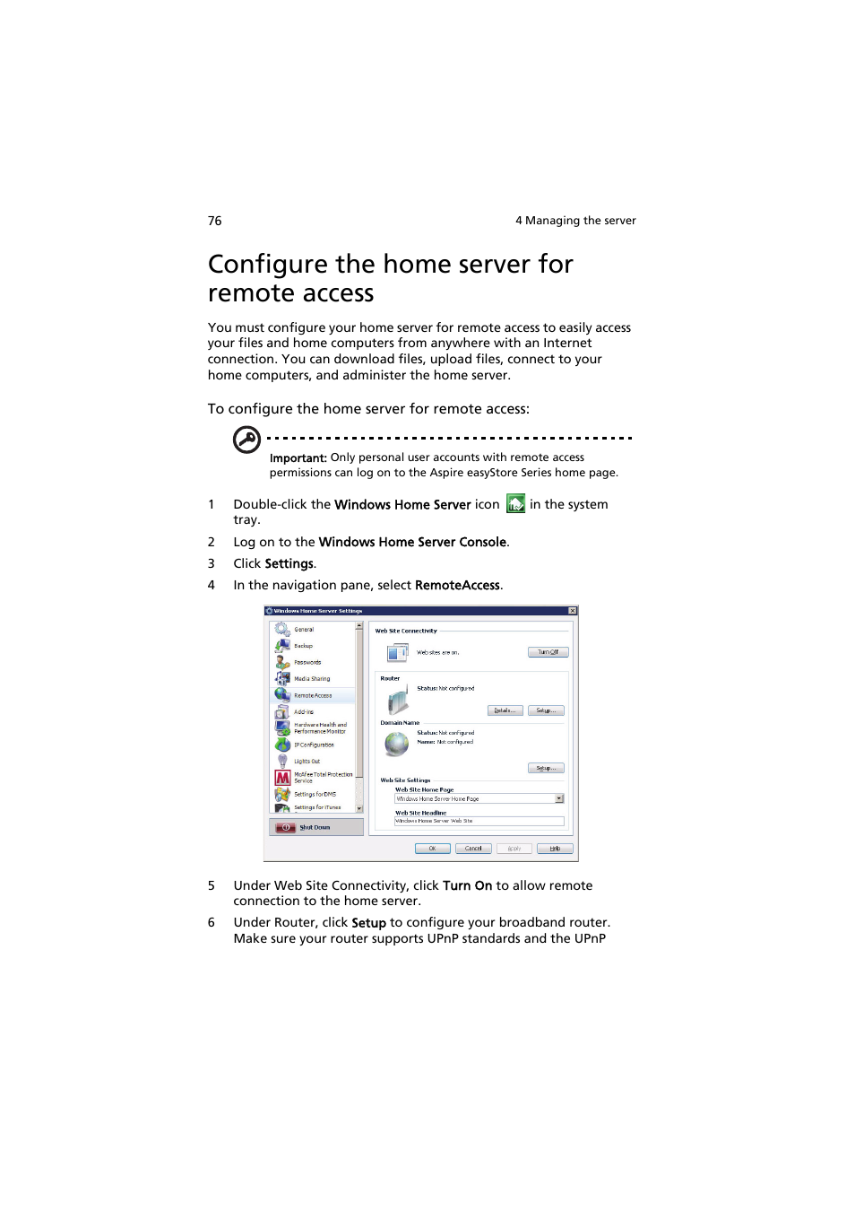 Configure the home server for remote access | Acer easyStore H342 User Manual | Page 90 / 148