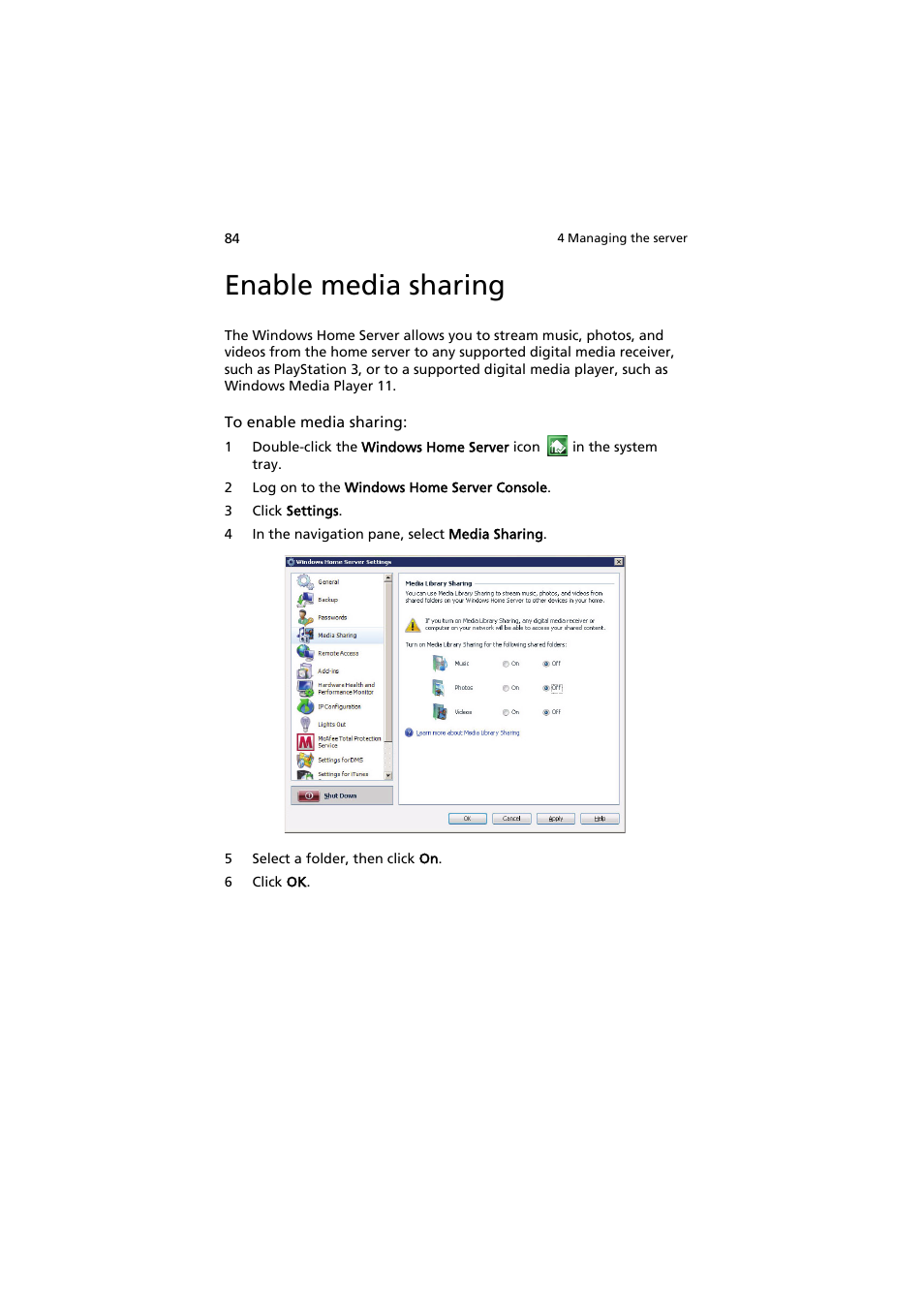Enable media sharing | Acer easyStore H342 User Manual | Page 98 / 148