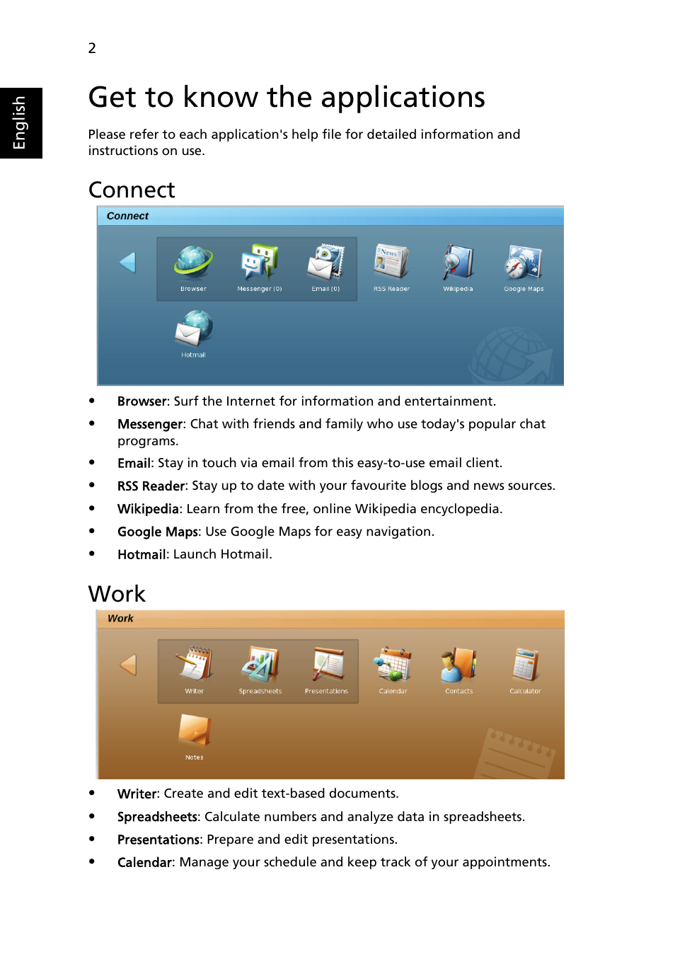 Get to know the applications, Connect, Work | Acer AOA150 User Manual | Page 18 / 77