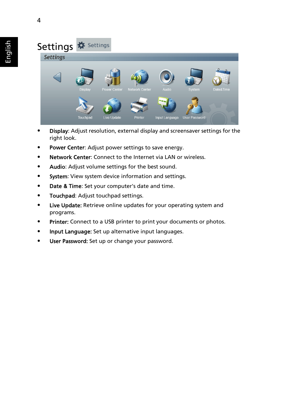 Settings, Settings 4 | Acer AOA150 User Manual | Page 20 / 77