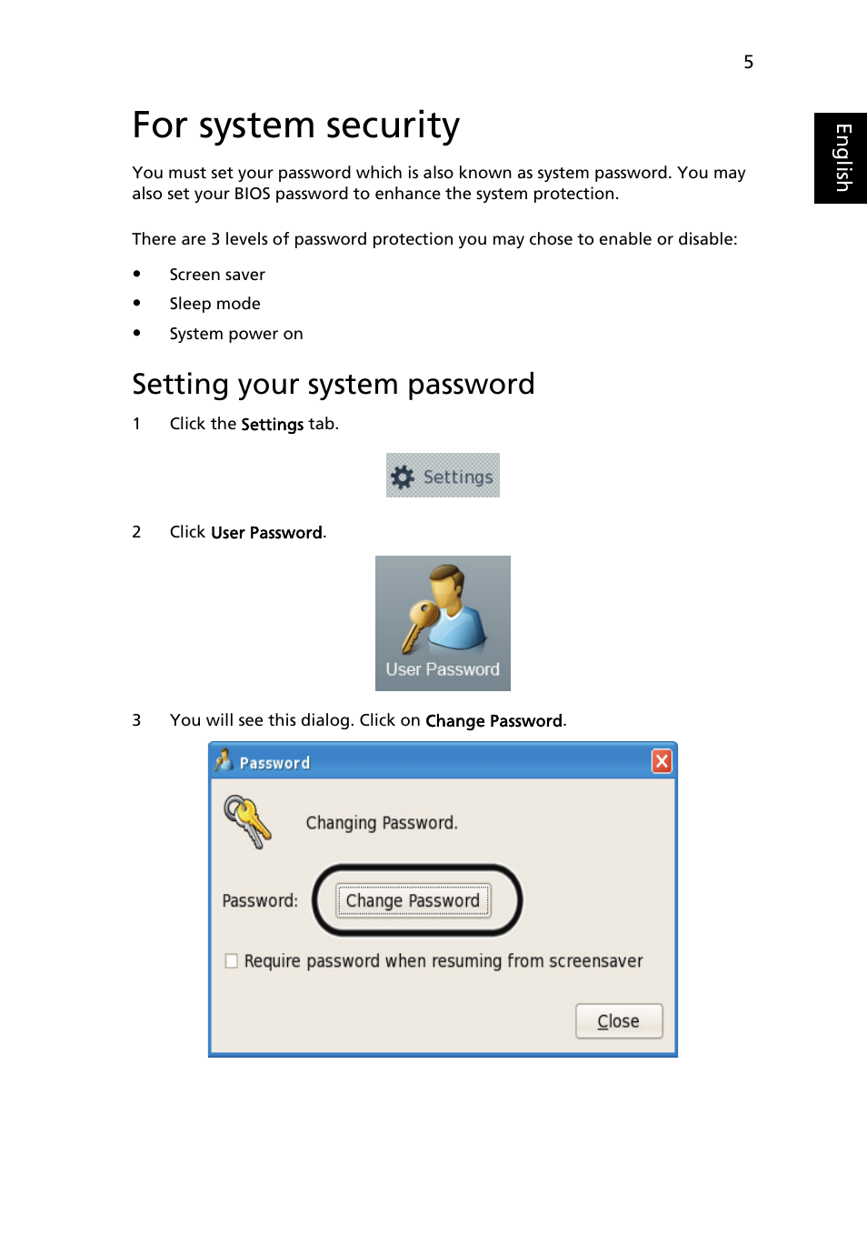 For system security, Setting your system password | Acer AOA150 User Manual | Page 21 / 77