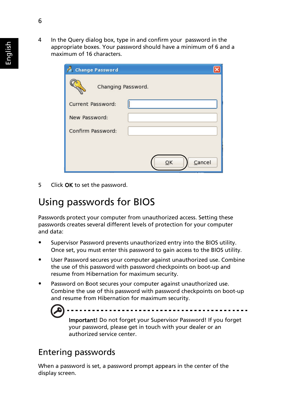 Using passwords for bios, Entering passwords | Acer AOA150 User Manual | Page 22 / 77