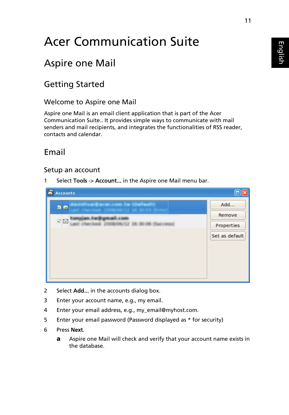 Acer communication suite, Aspire one mail, Getting started | Email | Acer AOA150 User Manual | Page 27 / 77