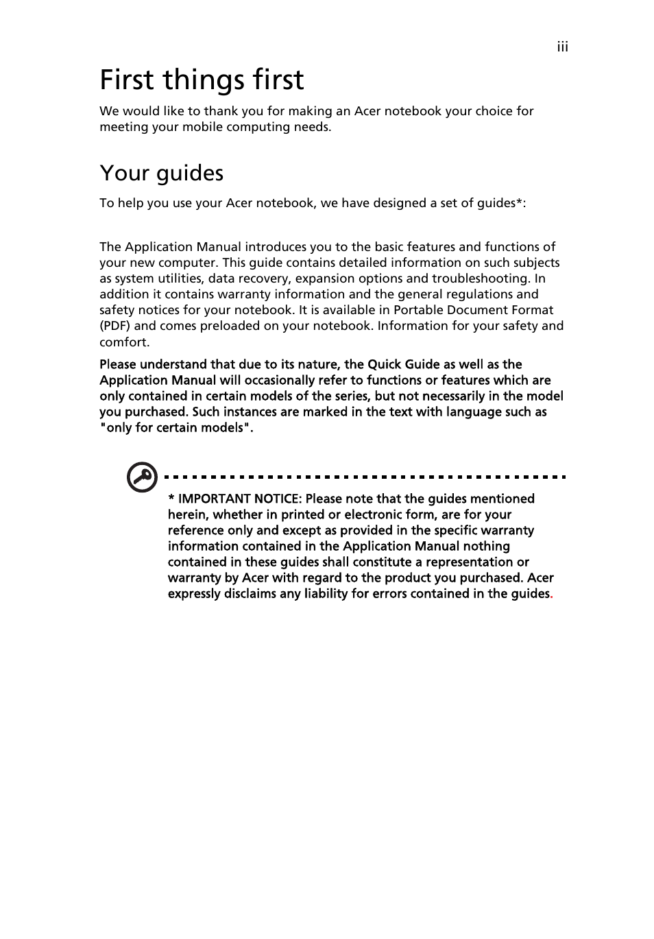 First things first, Your guides | Acer AOA150 User Manual | Page 3 / 77