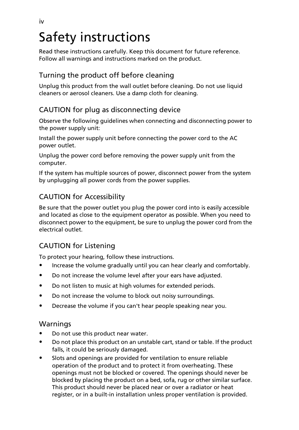 Safety instructions | Acer AOA150 User Manual | Page 4 / 77