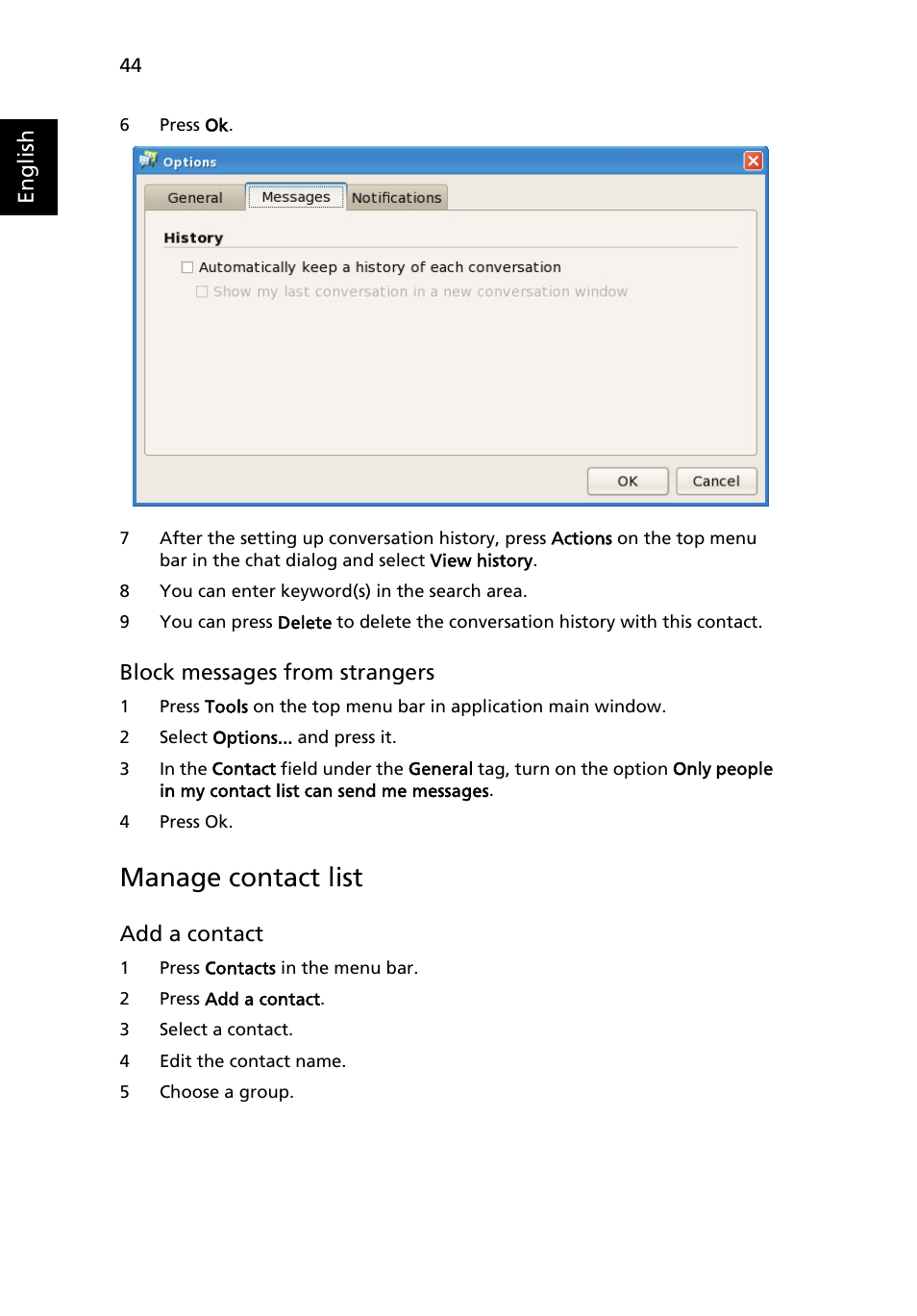 Manage contact list | Acer AOA150 User Manual | Page 60 / 77