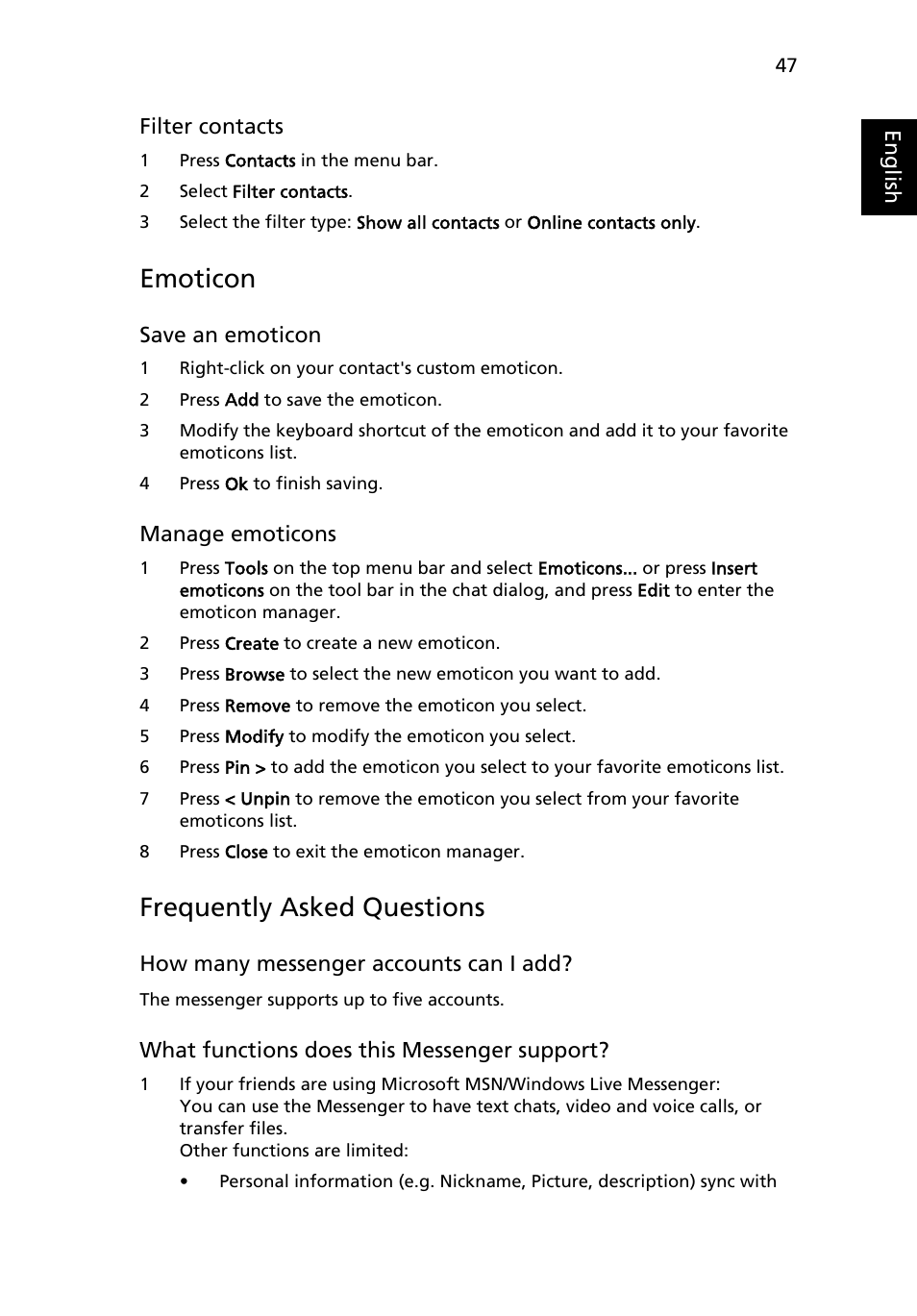 Emoticon, Frequently asked questions | Acer AOA150 User Manual | Page 63 / 77