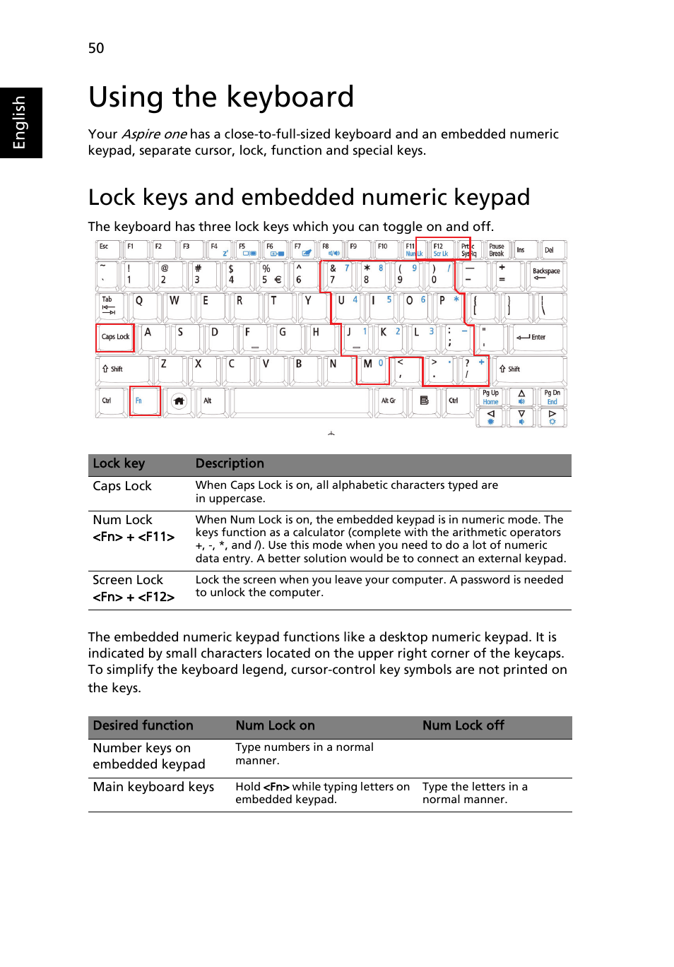Using the keyboard, Lock keys and embedded numeric keypad | Acer AOA150 User Manual | Page 66 / 77
