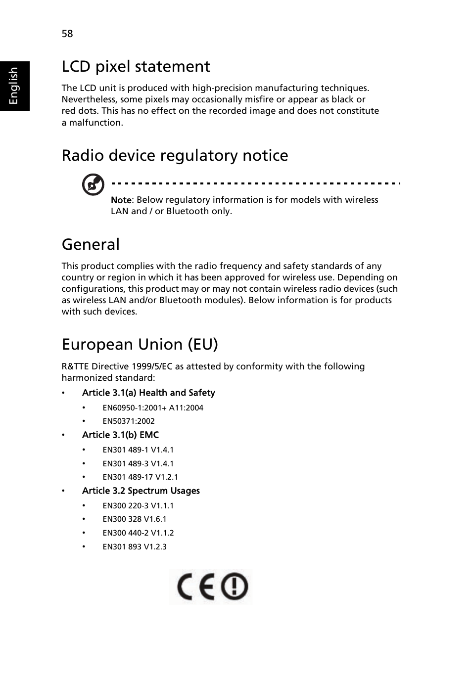 Lcd pixel statement, Radio device regulatory notice, General | European union (eu) | Acer AOA150 User Manual | Page 74 / 77