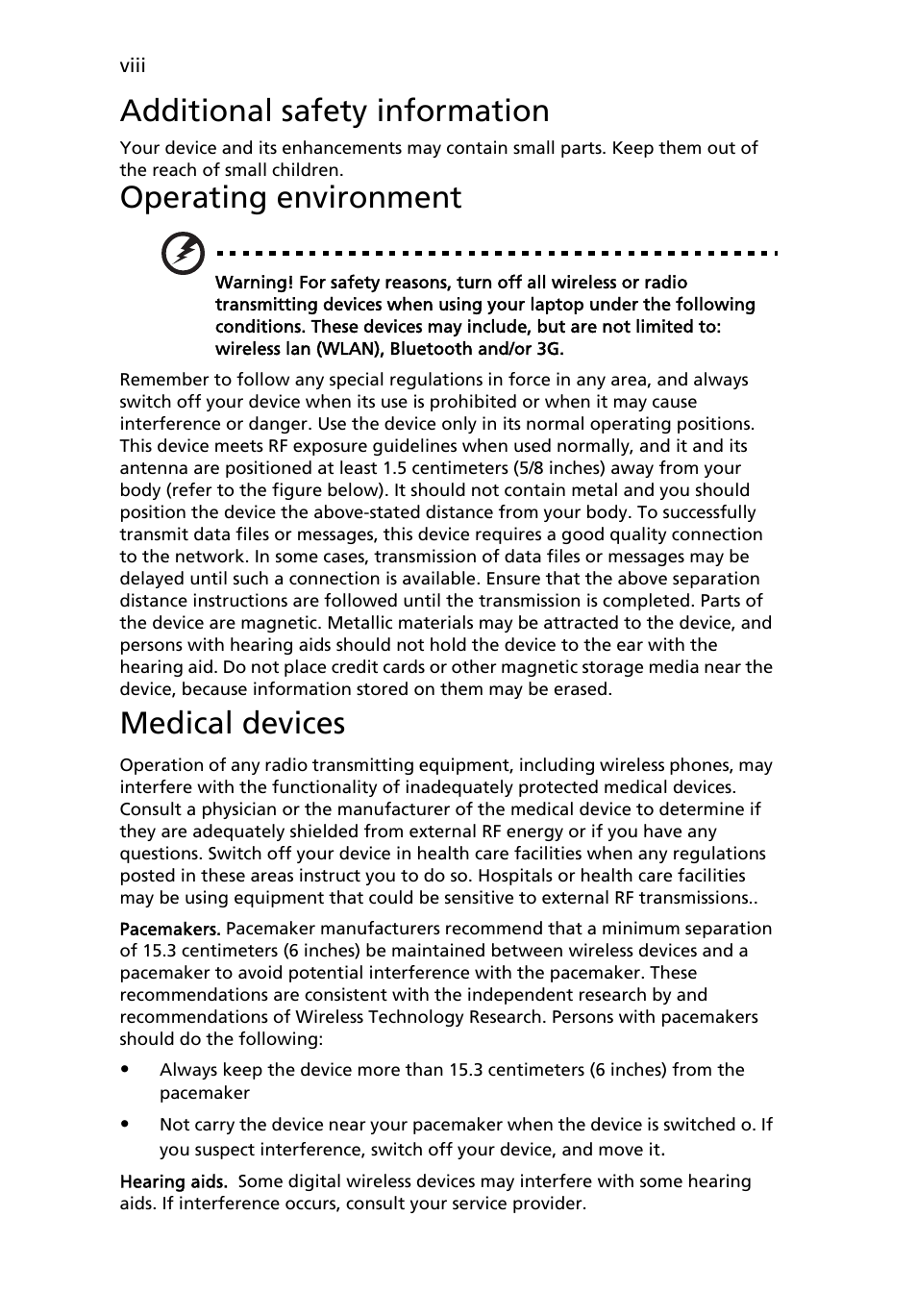 Additional safety information, Operating environment, Medical devices | Acer AOA150 User Manual | Page 8 / 77