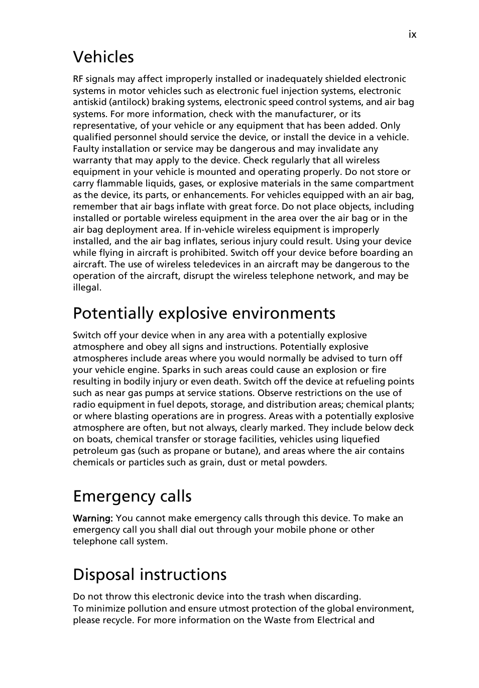 Vehicles, Potentially explosive environments, Emergency calls | Disposal instructions | Acer AOA150 User Manual | Page 9 / 77