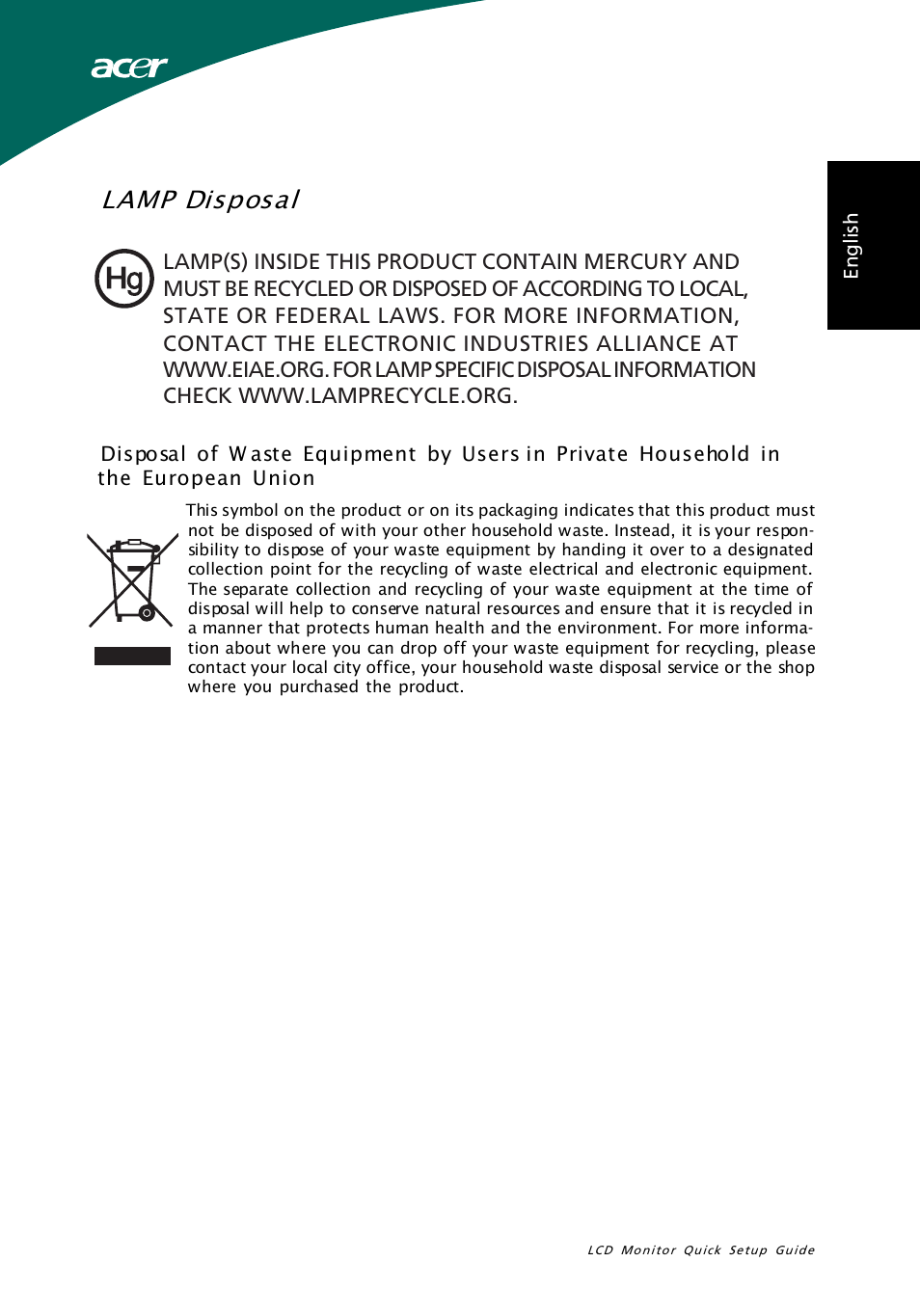 Lamp disposal | Acer X233HZ User Manual | Page 3 / 3
