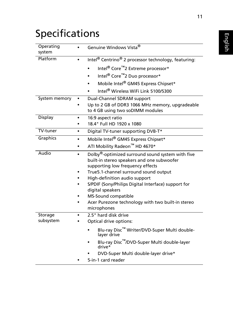 Specifications | Acer Aspire 8935G User Manual | Page 11 / 13