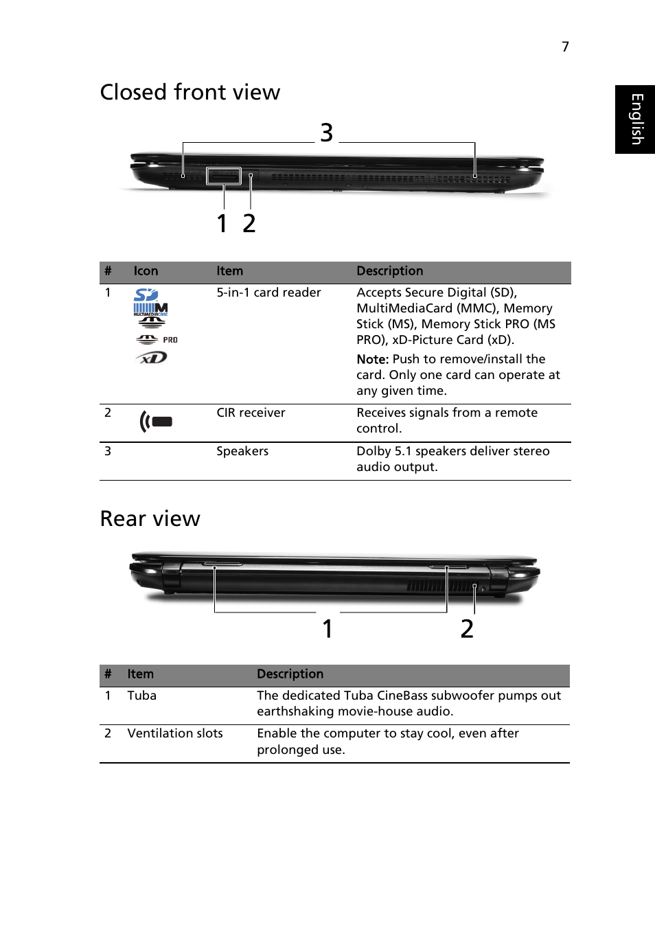 Closed front view, Rear view, Closed front view rear view | Acer Aspire 8935G User Manual | Page 7 / 13