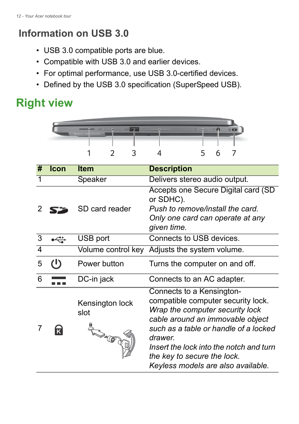 Information on usb 3.0, Right view | Acer Aspire R7-572G User Manual | Page 12 / 95