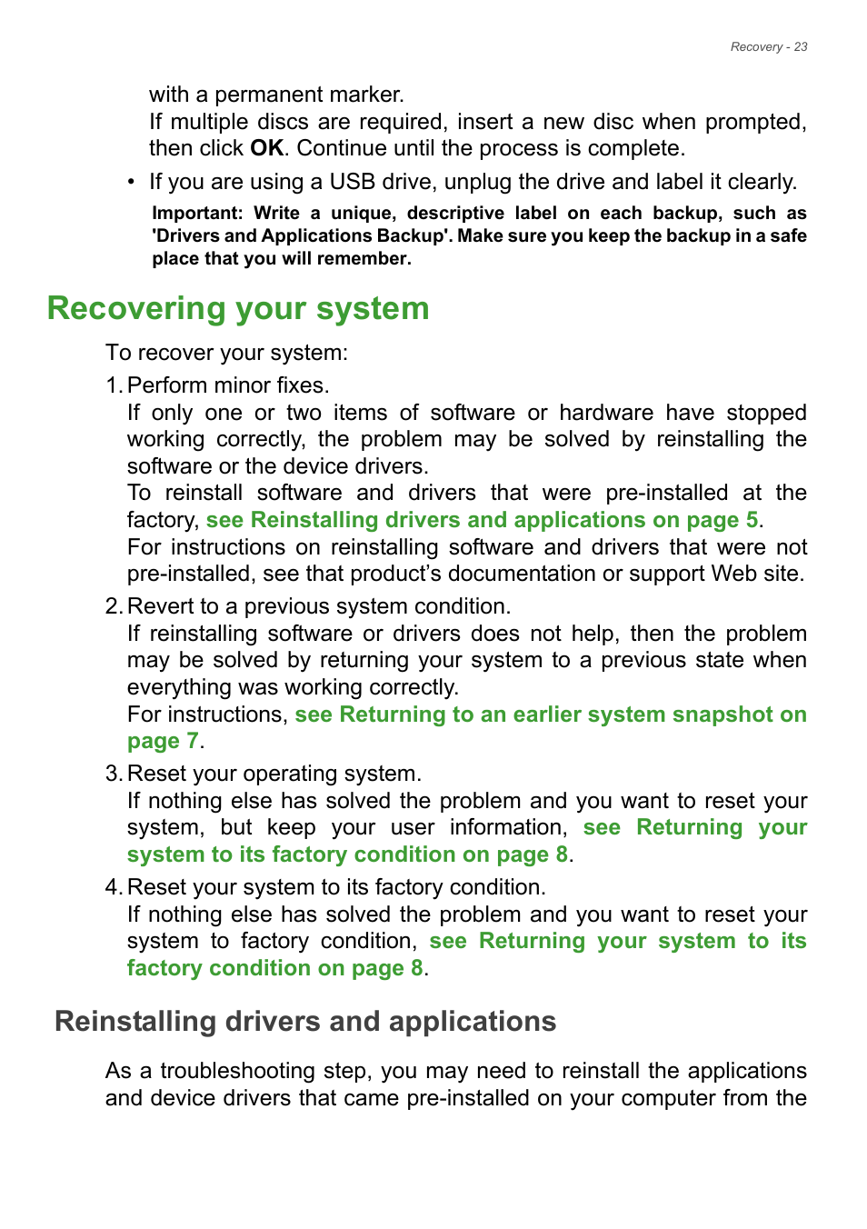 Recovering your system, Reinstalling drivers and applications | Acer Aspire R7-572G User Manual | Page 23 / 95