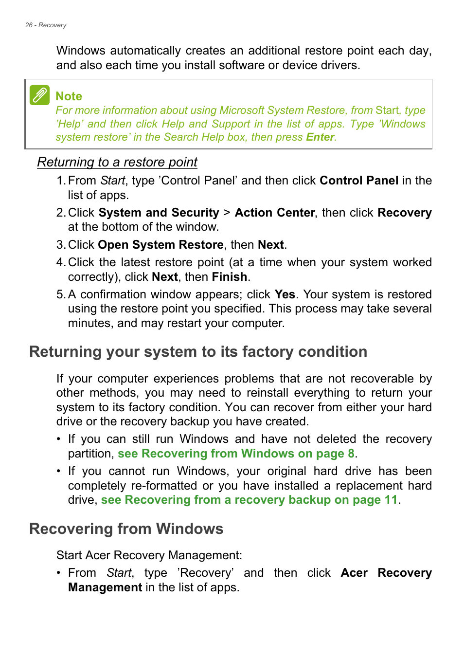 Returning your system to its factory condition, Recovering from windows, See returning your | See returning your system to its | Acer Aspire R7-572G User Manual | Page 26 / 95