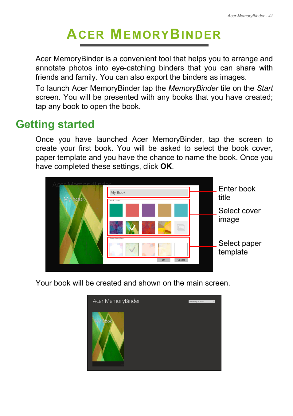 Acer memorybinder, Getting started, Emory | Inder | Acer Aspire R7-572G User Manual | Page 42 / 95