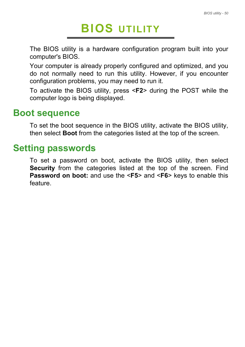 Bios utility, Boot sequence, Setting passwords | Boot sequence setting passwords, Bios, Utility | Acer Aspire R7-572G User Manual | Page 51 / 95