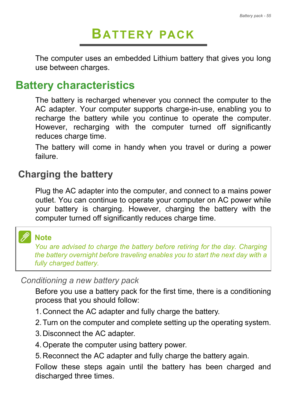 Battery pack, Battery characteristics, Charging the battery | Attery, Pack | Acer Aspire R7-572G User Manual | Page 56 / 95