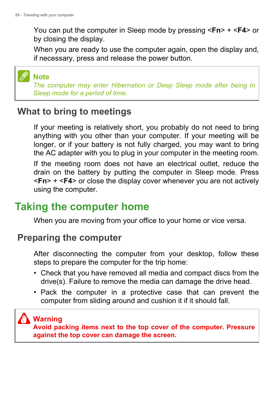 What to bring to meetings, Taking the computer home, Preparing the computer | Acer Aspire R7-572G User Manual | Page 60 / 95