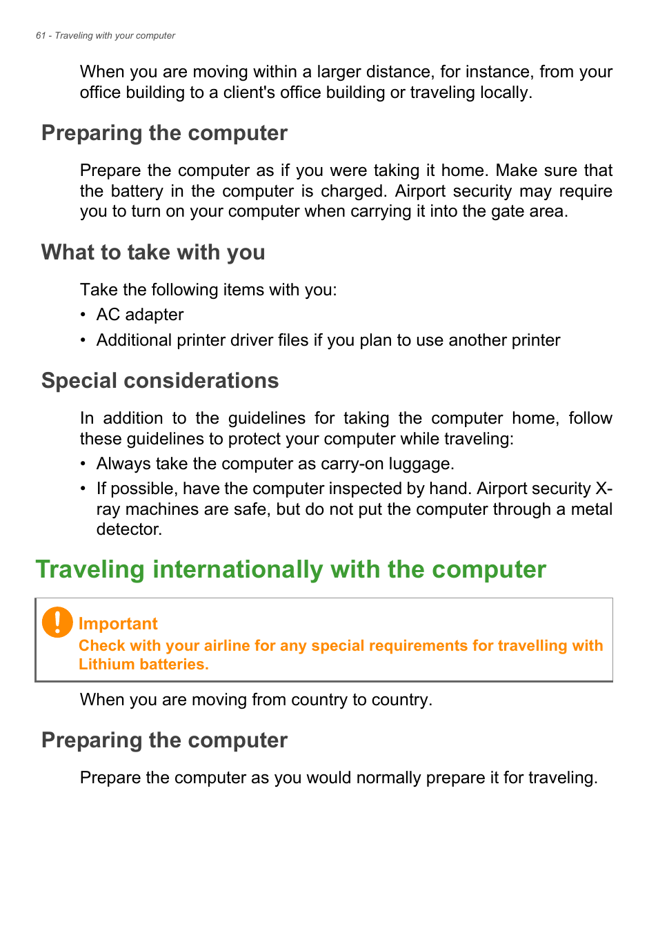 Preparing the computer, What to take with you, Special considerations | Traveling internationally with the computer, Traveling internationally with the computer 61 | Acer Aspire R7-572G User Manual | Page 62 / 95