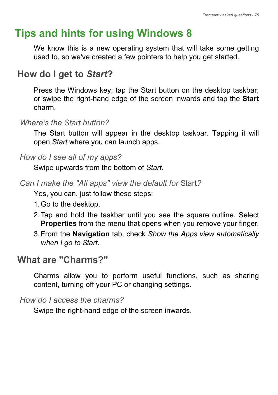 Tips and hints for using windows 8, How do i get to start, What are "charms | How do i get to start? what are "charms | Acer Aspire R7-572G User Manual | Page 76 / 95