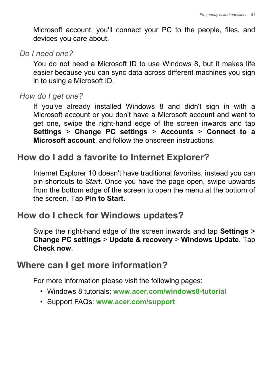 How do i add a favorite to internet explorer, How do i check for windows updates, Where can i get more information | Acer Aspire R7-572G User Manual | Page 82 / 95