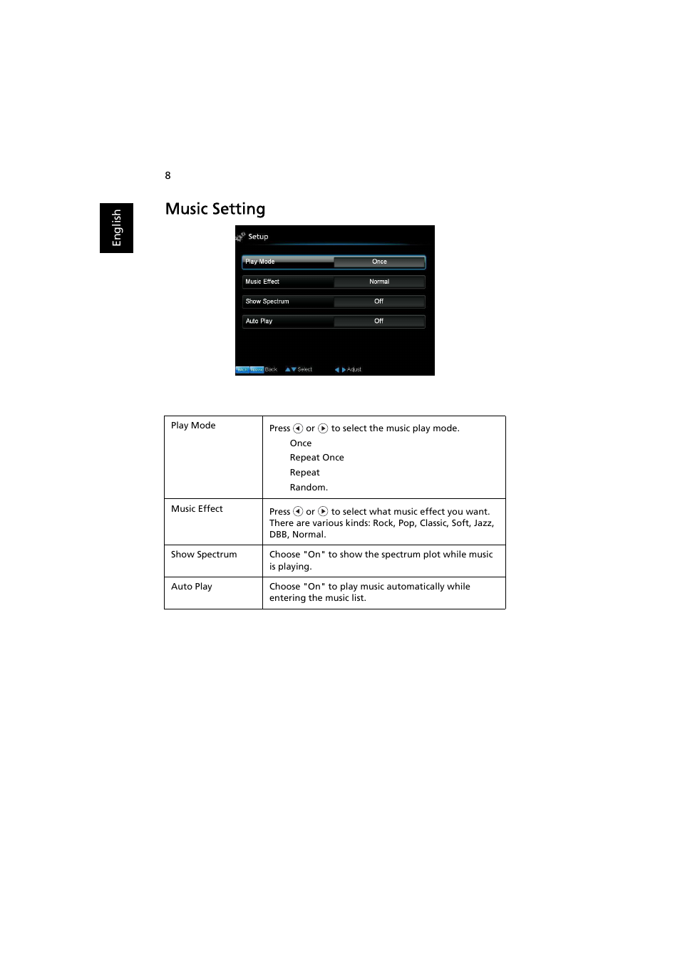 Music setting | Acer K11 User Manual | Page 10 / 16