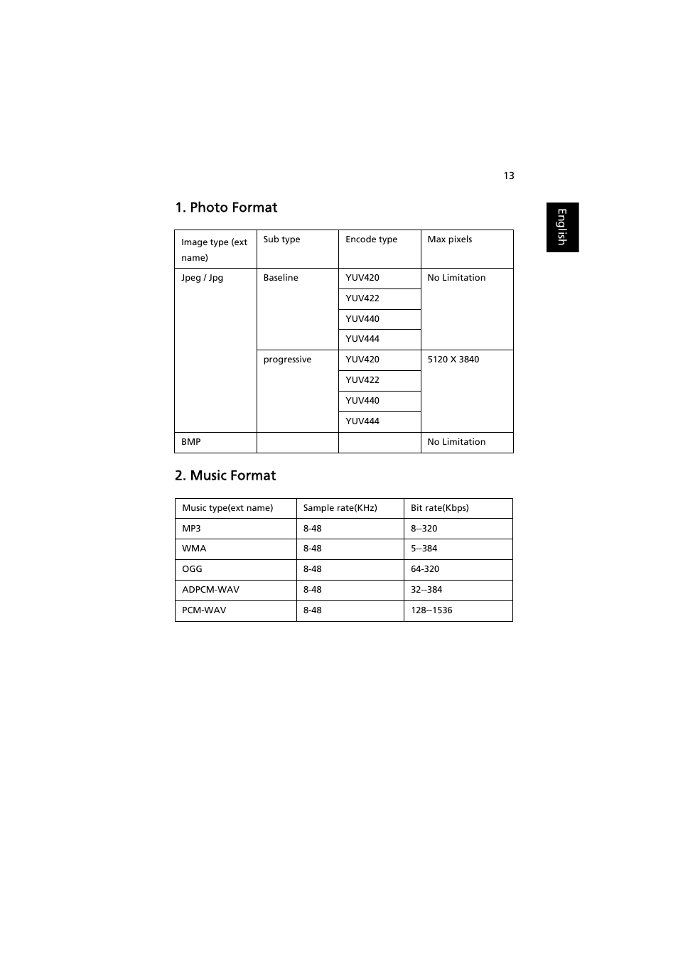 Photo format, Music format, Photo format 2. music format | Acer K11 User Manual | Page 15 / 16