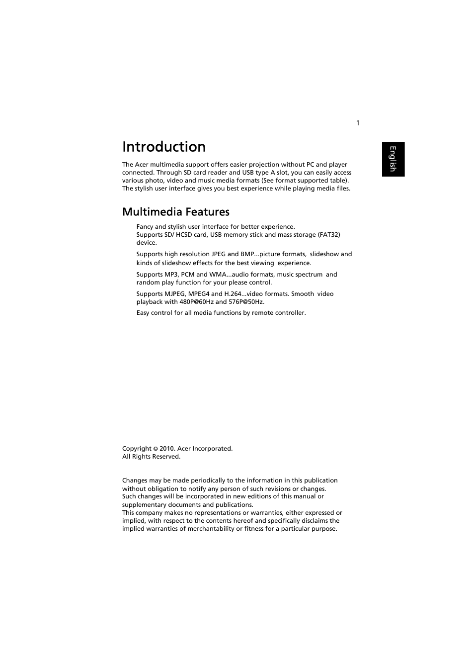 Introduction, Multimedia features | Acer K11 User Manual | Page 3 / 16