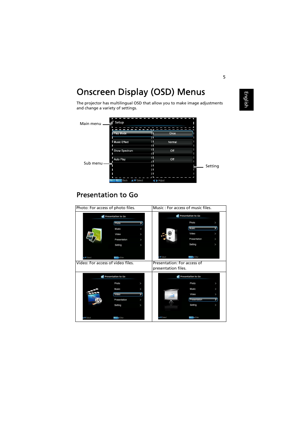 Onscreen display (osd) menus, Presentation to go | Acer K11 User Manual | Page 7 / 16