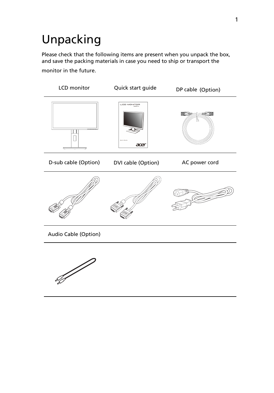 Unpacking | Acer B226HQL User Manual | Page 13 / 29