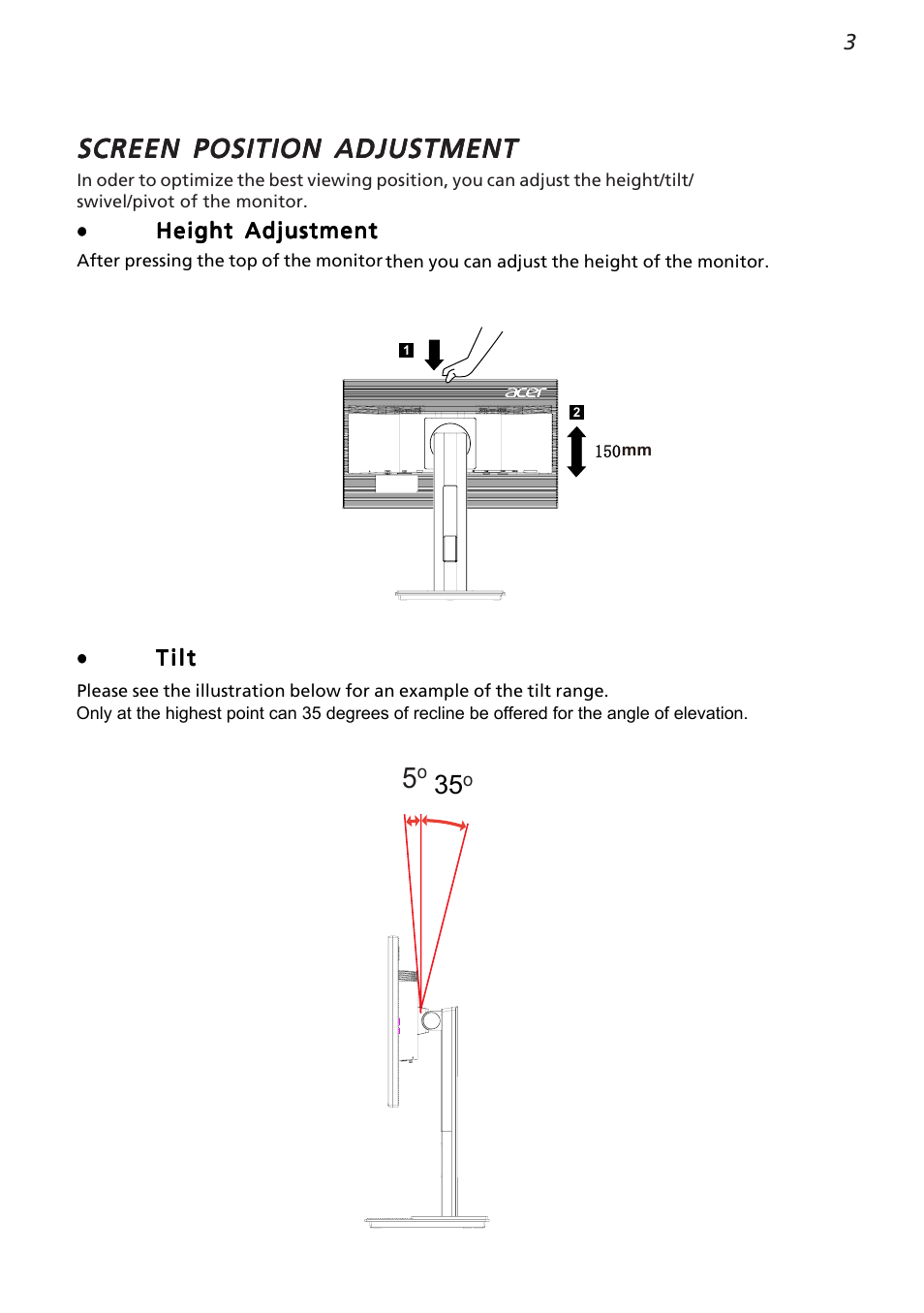 Screen position adjustment | Acer B226HQL User Manual | Page 15 / 29