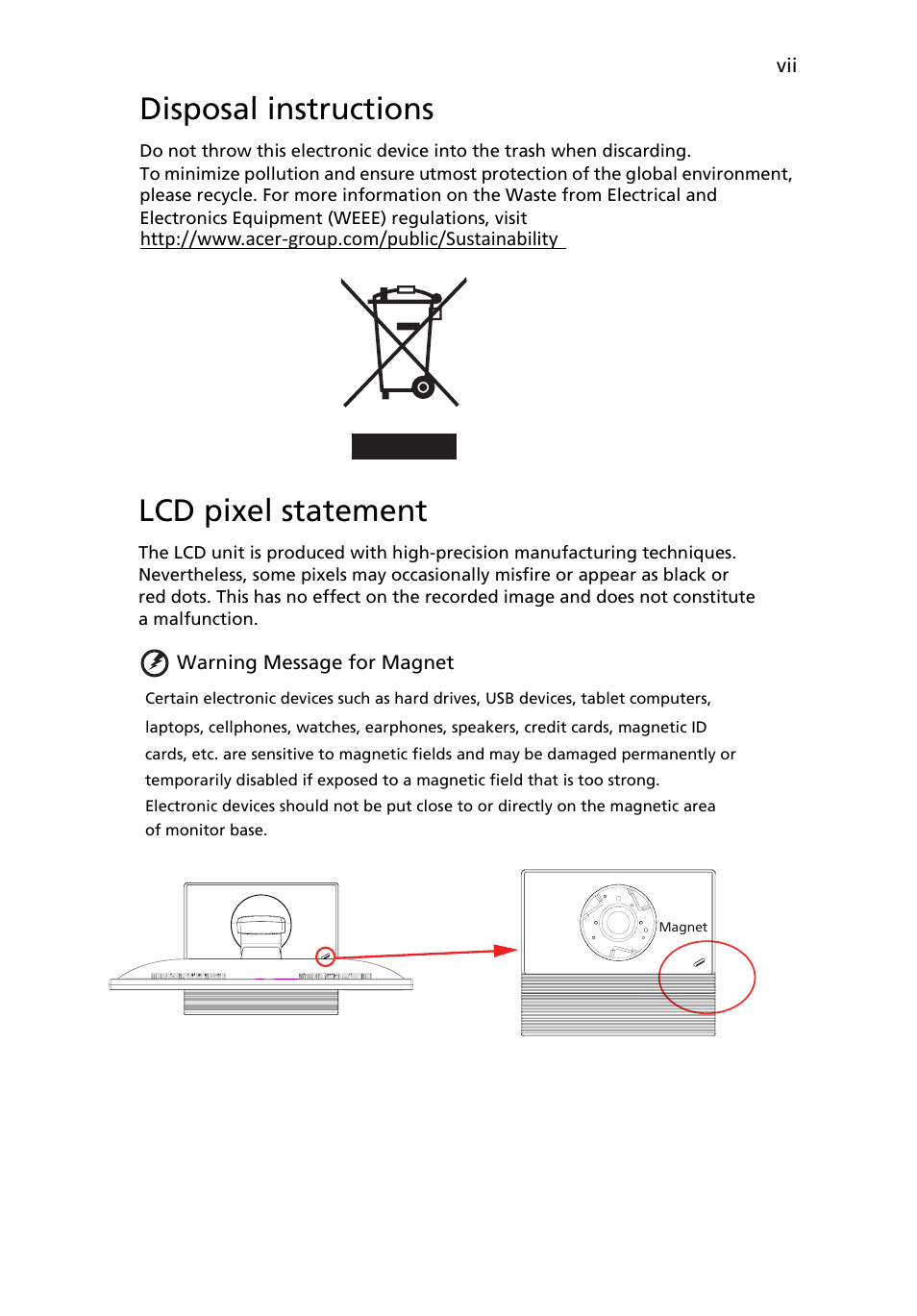 Disposal instructions, Lcd pixel statement | Acer B226HQL User Manual | Page 7 / 29
