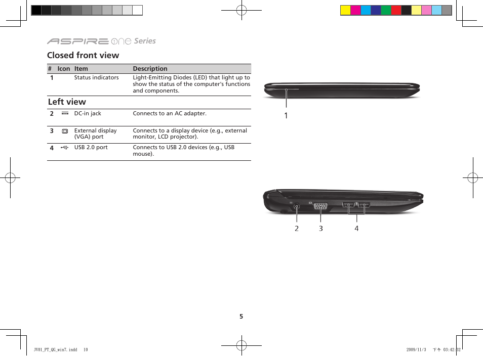 Closed front view, Left view | Acer AO532h User Manual | Page 10 / 12