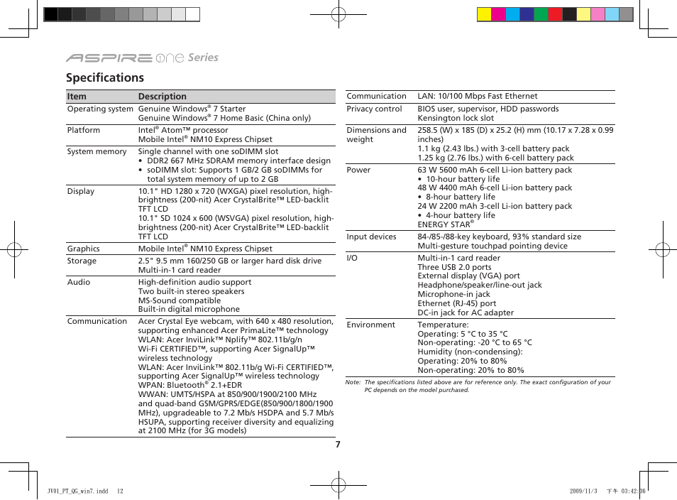 Specifications, Series | Acer AO532h User Manual | Page 12 / 12