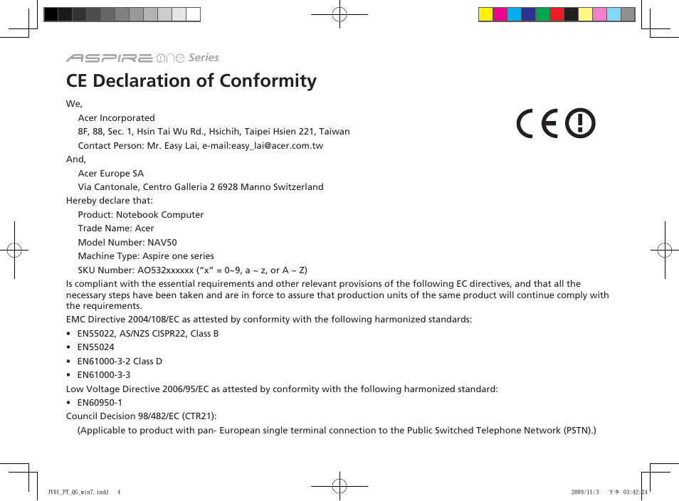 Ce declaration of conformity | Acer AO532h User Manual | Page 4 / 12