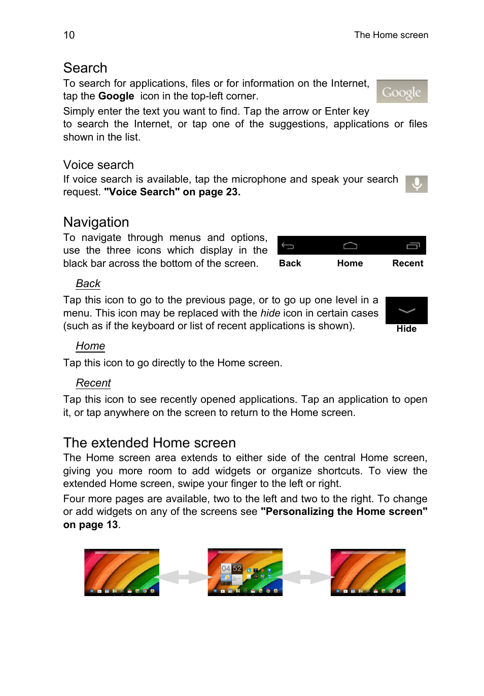 Search, Navigation, The extended home screen | Acer A3-A10 User Manual | Page 10 / 51