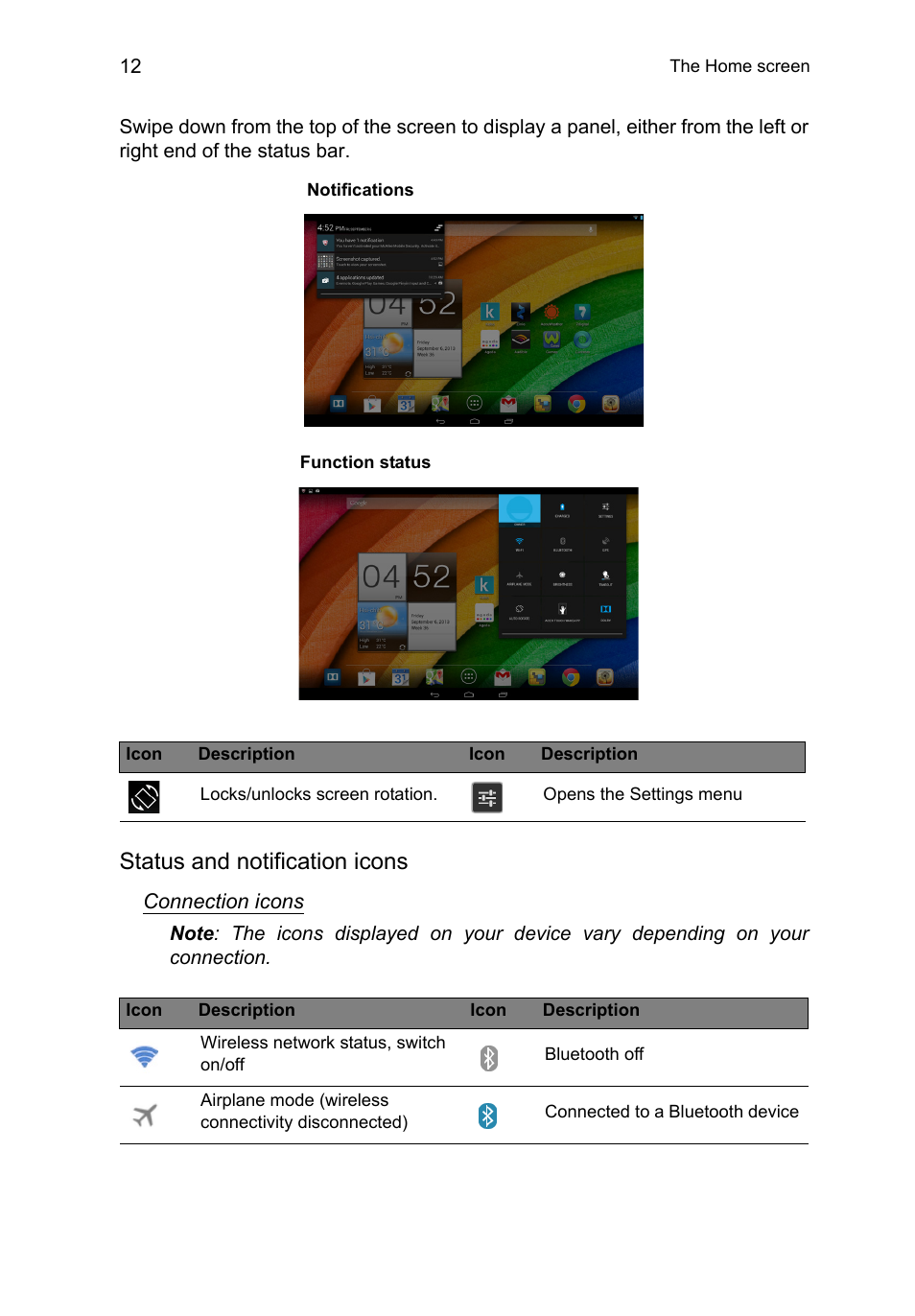 Status and notification icons | Acer A3-A10 User Manual | Page 12 / 51