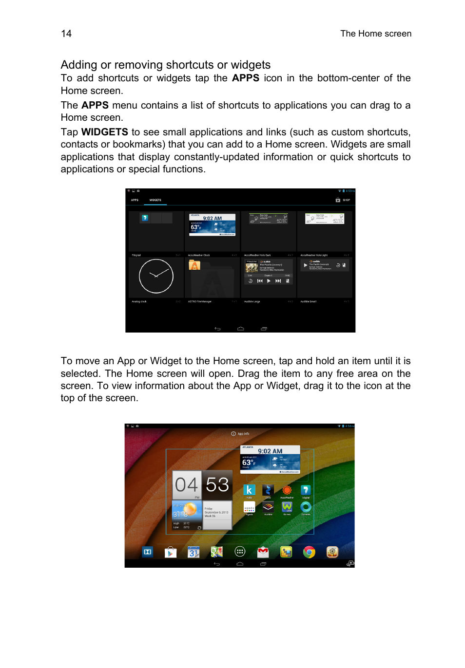 Adding or removing shortcuts or widgets | Acer A3-A10 User Manual | Page 14 / 51